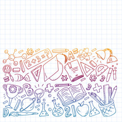 Back to School vector doodle set. Supplies for sport, art, reading, science, geography, biology, physics, mathematics, astronomy, chemistry.