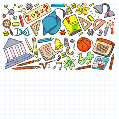 Back to School vector doodle set. Supplies for sport, art, reading, science, geography, biology, physics, mathematics, astronomy, chemistry.
