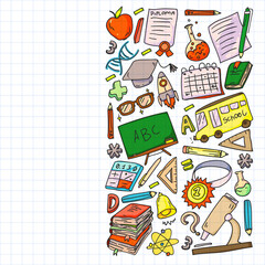 Back to School vector doodle set. Supplies for sport, art, reading, science, geography, biology, physics, mathematics, astronomy, chemistry.