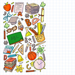 Back to School vector doodle set. Supplies for sport, art, reading, science, geography, biology, physics, mathematics, astronomy, chemistry.
