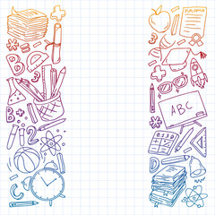Back to School vector doodle set. Supplies for sport, art, reading, science, geography, biology, physics, mathematics, astronomy, chemistry.