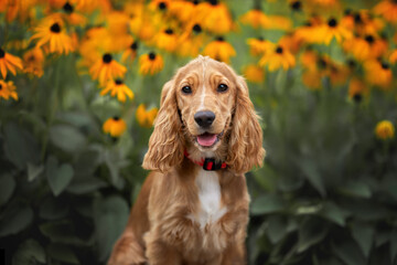 happy english cocker spaniel puppy portrait with blooming flowers in the background - obrazy, fototapety, plakaty