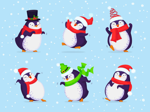 Happy penguin characters in different poses and hats set.