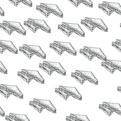 Seamless pattern with contour sandwich drawing, quick snack from bread and other ingredients, vector outline illustration for design and creativity