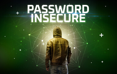 Mysterious hacker with PASSWORD INSECURE inscription, online attack concept inscription, online security concept