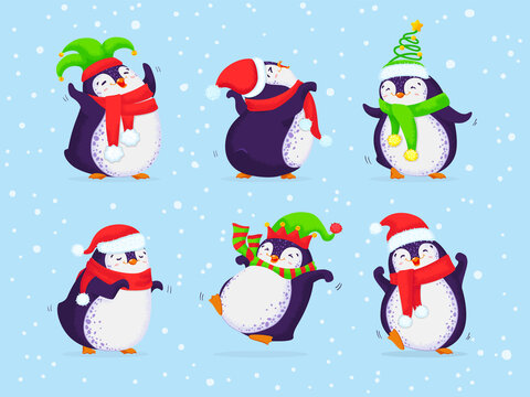 Cute hand drawn dancing penguins set. Merry Christmas greetings.