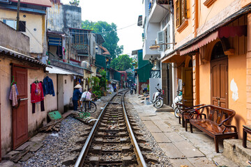 Famous train street in old Hanoi, Vietnam