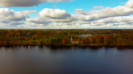 Autumn Aerial Landscape of Koknese Evangelical Lutheran Church and River Daugava Located in Koknese Latvia. Aerial View..