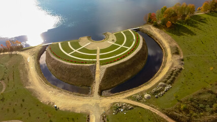 Autumn Aerial Landscape Over the Garden of Destiny in Koknese, Open-air Park "Liktendarzs". Monumental Architectural Ensemble on the Daugava Island in Koknese. Golden Autumn Season in Latvia.