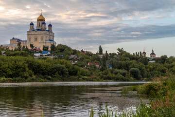 Russia, the city of Yelets, view of the high Bank of the Sosna river and the Cathedral of the ascension of the Lord.