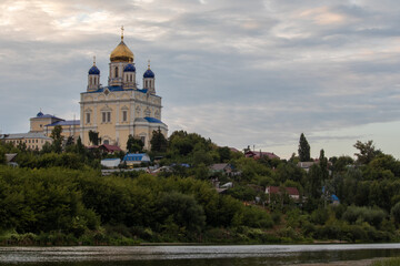 Russia, the city of Yelets, view of the high Bank of the Sosna river and the Cathedral of the ascension of the Lord.