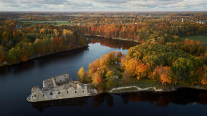 Autumn Aerial Landscapeof Old Koknese Castle Ruins and River Daugava Located in Koknese Latvia. Medieval Castle Remains in Koknese. Aerial View of an Old Stone Castle Ruins in Koknese