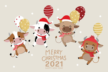 year of ox142Merry Christmas and happy new year 2020. The year of the ox. The male cow and bull with red costume and balloons. Animal holidays cartoon character. -Vector