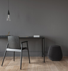 Office interior  in dark gray with a stylish chandelier, meta…