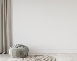 Interior composition with pouf on a white wall background
