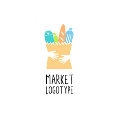food market logo. hand and food in paper basket vector