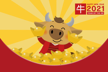 Happy Chinese new year greeting card. 2021 Ox zodiac. Cute cow and gold money. Animal holidays cartoon character. Translated: Ox. -Vector