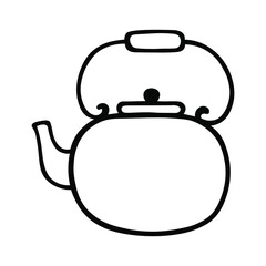 Kettle, cozy autumn in ink isolated on white background. Hand drawn vector decorative element in doodle style for invitation and decoration, postcard, banner or website