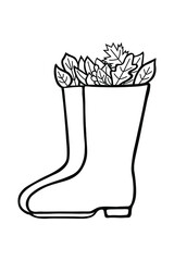 Leaves in rubber boots, cozy autumn in ink Isolated on white background. Hand drawn vector decorative element in doodle style can be used for invitation and decoration, postcard, banner or website