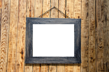 Brown wooden frame with white free lettering background.