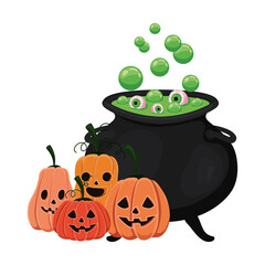 Halloween witch bowl and pumpkins vector design