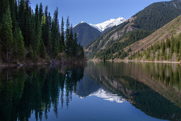 Alpine lake Kolsay in Kazakkhstan. Coniferous forest-covered mountain slopes are reflected in the water.