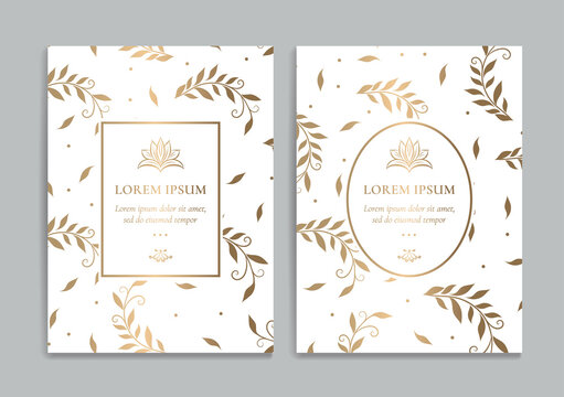 White and gold invitation cards with leaves design. Vintage ornament template. Can be used for background and wallpaper. Elegant and classic vector elements great for decoration.