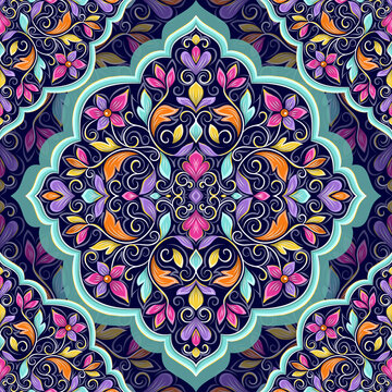 Purple, turquoise and orange luxury ornament seamless pattern design. Traditional Turkish, Indian motifs. Great for fabric and textile, wallpaper, packaging or any desired idea.