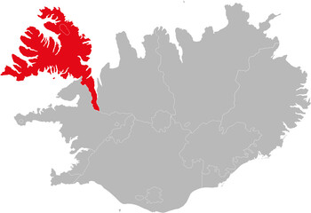 Vestfirdir provinces isolated on Iceland map. Gray background. Backgrounds and Wallpapers.