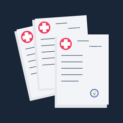 A stack of medical forms or a list of medicines with a doctor's stamp.  Electronic online insurance and medical care.  Vector
