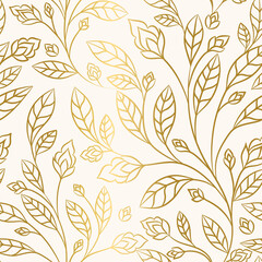 Beige and gold leaves seamless pattern. Vintage vector ornament template. Paisley elements. Great for fabric, invitation, background, wallpaper, decoration, packaging or any desired idea.
