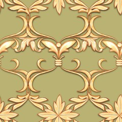 Seamless golden baroque pattern with gold scrolls on green background.