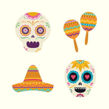 mexican skull heads maracas and hat vector design
