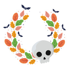 Halloween skull and bats with leaves vector design