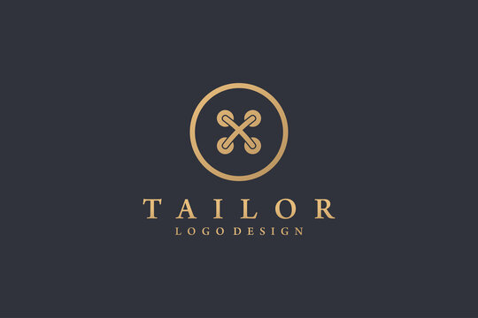 Tailor Logo. Gold Circle Line Thread and Buttonhole Combination isolated on Black Background. Usable for Garment and Handmade Logos. Flat Vector Logo Design Template Element.