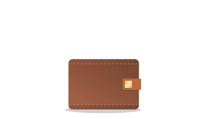 Golden dollar coins falling into a brown leather wallet. Trendy flat style motion design animation on isolated white background.