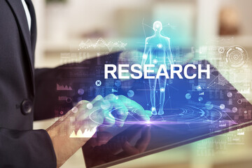 Electronic medical record with RESEARCH inscription, Medical technology concept