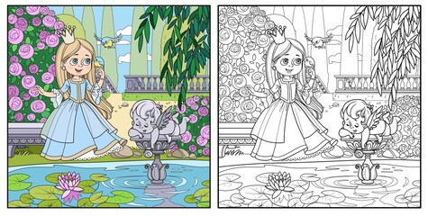 Cute cartoon princess sings with the birds in palace park near the pond with a sculpture of Cupid outlined picture for coloring page