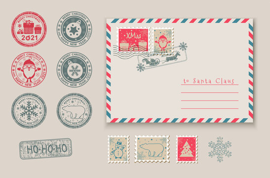Christmas Voucher as envelpe template with Santa in stamp, Snoqman in stamp . Value 100 dollars for department stores, business