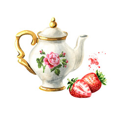 Teapot and Strawberry. Hand drawn watercolor illustration isolated on white background