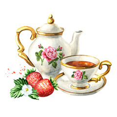 Teapot, cup of tea and Strawberry. Hand drawn watercolor illustration isolated on white background