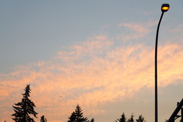 Sunset in Kirkland, WA with airplane cross by