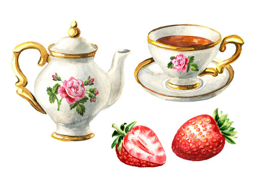 Teapot, cup of tea and Strawberry set. Hand drawn watercolor illustration isolated on white background