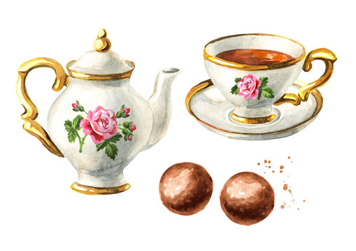 Teapot, cup of tea and truffle set. Hand drawn watercolor illustration isolated on white background