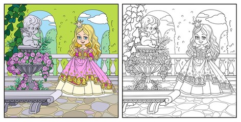Cute cartoon princess in palace park near garden marble vase with a statue of Cupid color and outlined for coloring page © Azuzl