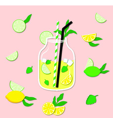Paper illustration of jar of citrus lemonade with mint lemon lime and straw