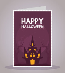 happy halloween card with lettering and haunted castle scene