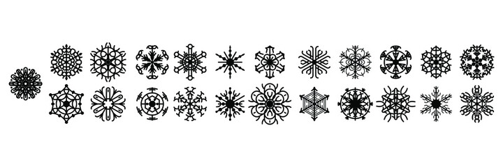 Set Black Colleciton Line Snowflake Doodle Winter Decoration Elements Vector Design Style