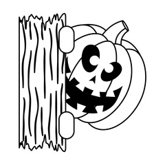 halloween pumpkin face with wooden board line style icon