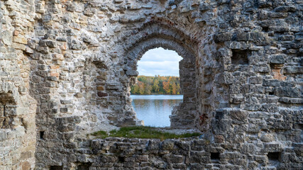 Autumn Landscape of Old Koknese Castle Ruins and River Daugava Located in Koknese Latvia. Medieval Castle Remains in Koknese.